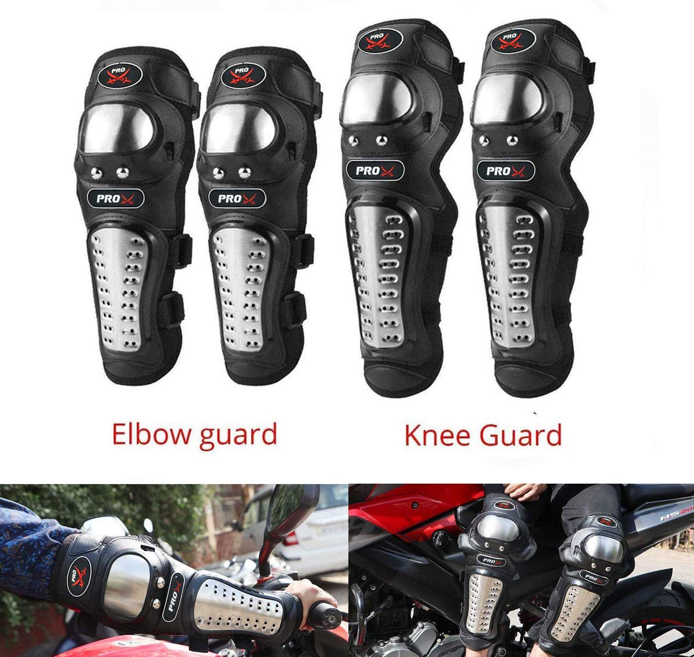 Probiker Pro-X Alloy Stainless Steel Knee Guard Flexible Breathable Adjustable Knee Shin Armor Elbow Protector for Bikers and Riders (Black) (PBPXKAP1)