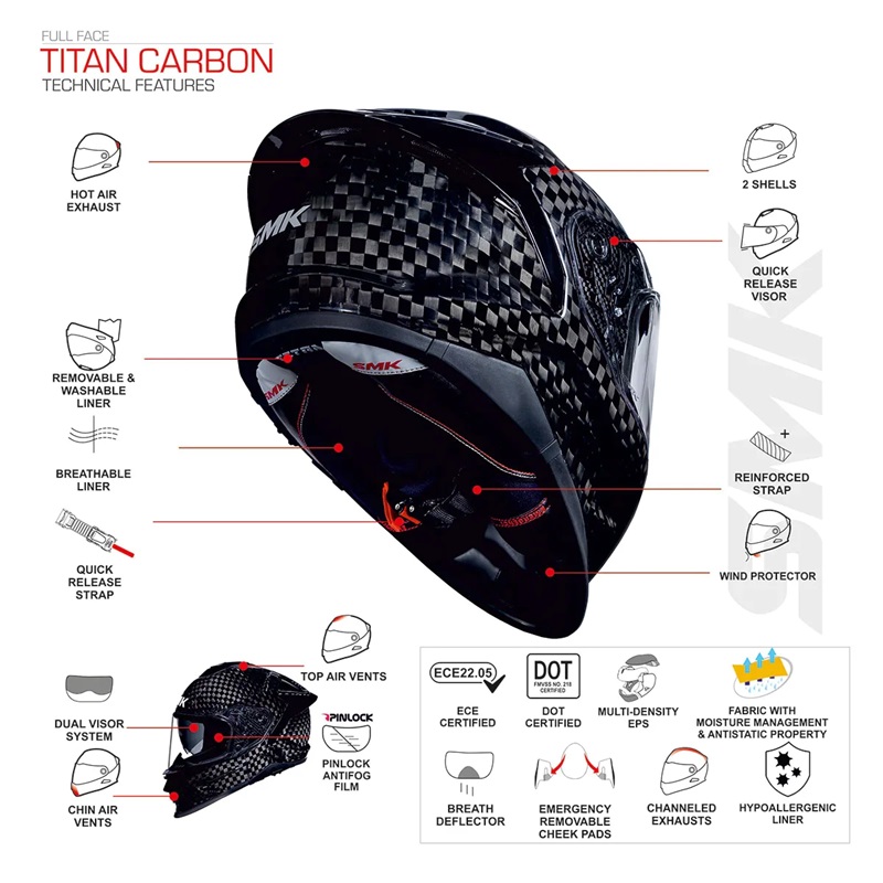 SMK Titan Pure Carbon Fibre Gloss Dual Face full face helmet ECE 22.05 & DOT Approved Pinlock 70