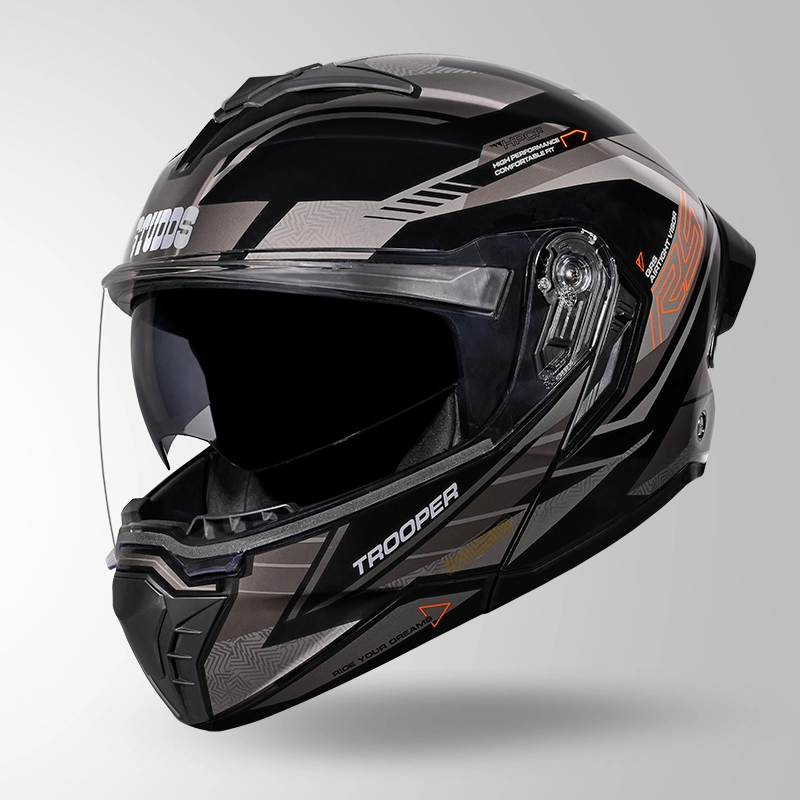 Side profile of Studds Trooper Racer D4 modular helmet showing sporty graphics and aerodynamic design for long distance motorcycle touring.