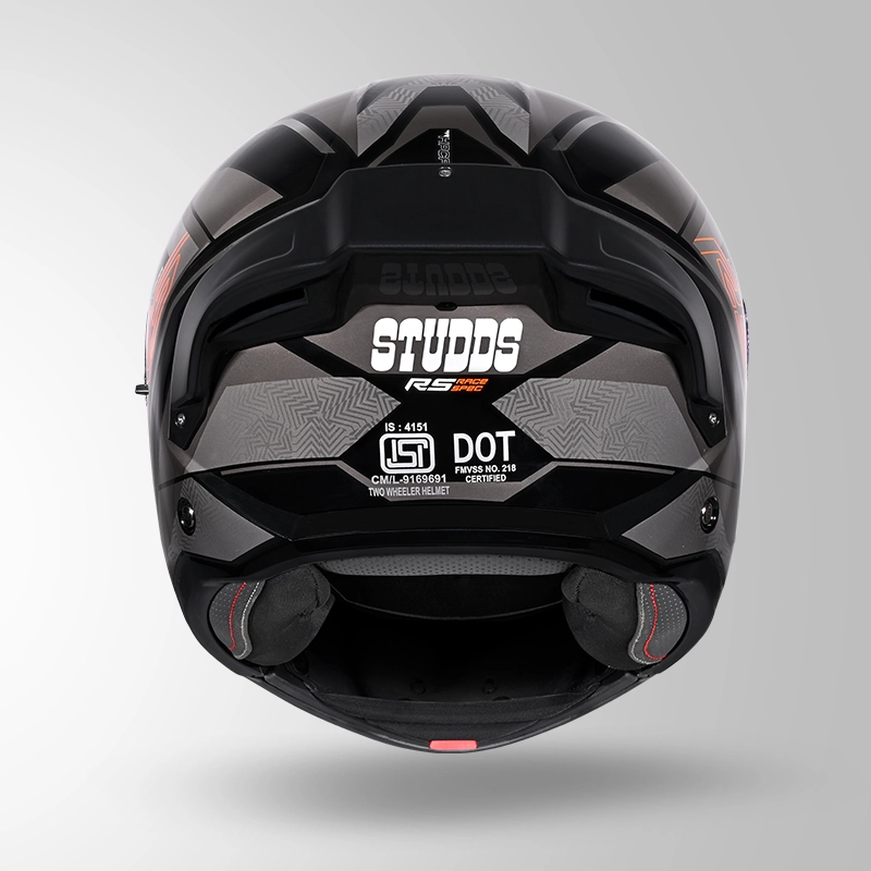 Studds Trooper Racer D4 Black Orange N4 Grey flip up helmet with dual visor back view.